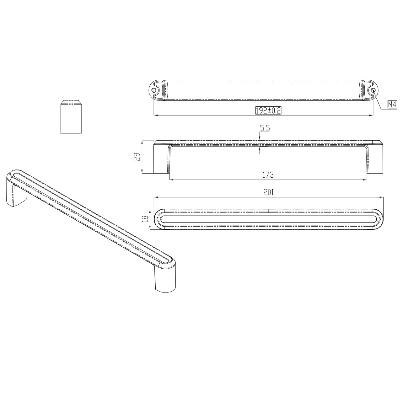 Technische Zeichnung Buegelgriff Dencia 160 mm Chrom glaenzend mit auf weissem Hintergrund
