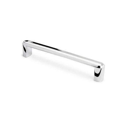 Buegelgriff Dencia 160 mm Chrom glaenzend mit Acryl weiss stehend auf weissem Hintergrund