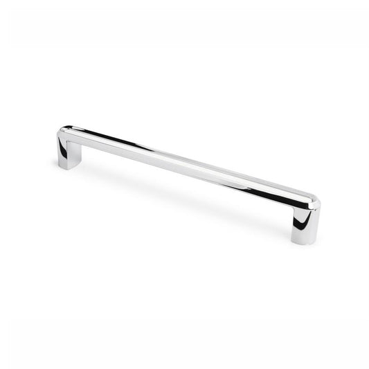 Buegelgriff Dencia 192 mm Chrom glaenzend mit Acryl weiss stehend auf weissem Hintergrund