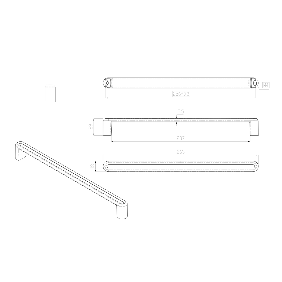 Technische Zeichnung Buegelgriff Dencia 256 mm Chrom glaenzend mit auf weissem Hintergrund