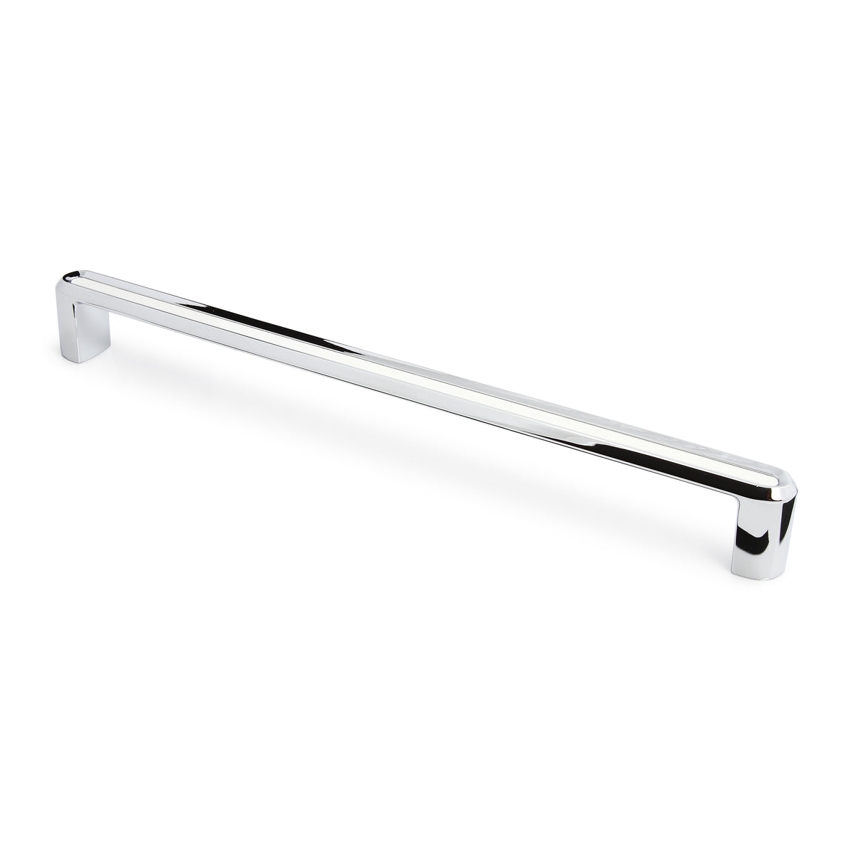 Buegelgriff Dencia 256 mm Chrom glaenzend mit Acryl weiss stehend auf weissem Hintergrund