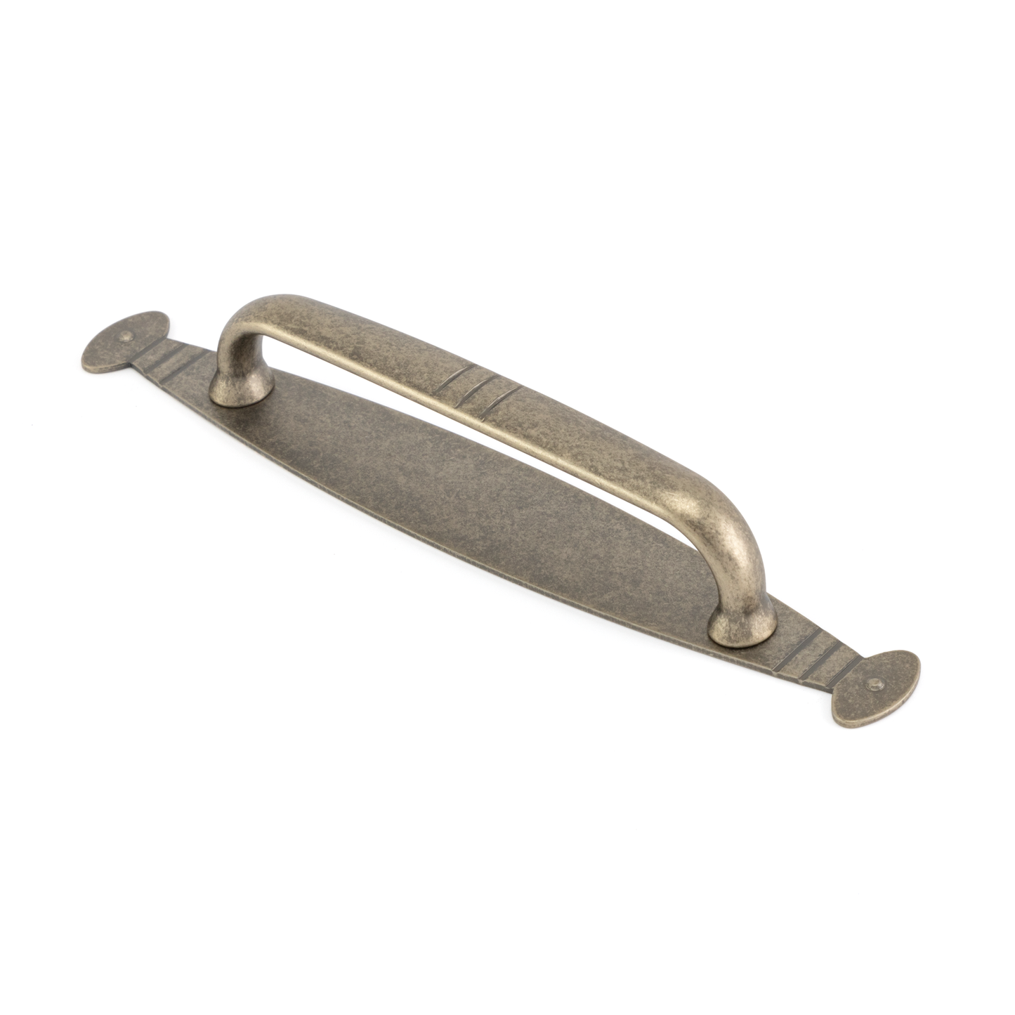 Zweiteiliger Antik-Buegelgriff Syringia 96 mm Antik Silber galvanisiert stehend auf weissem Hintergrund