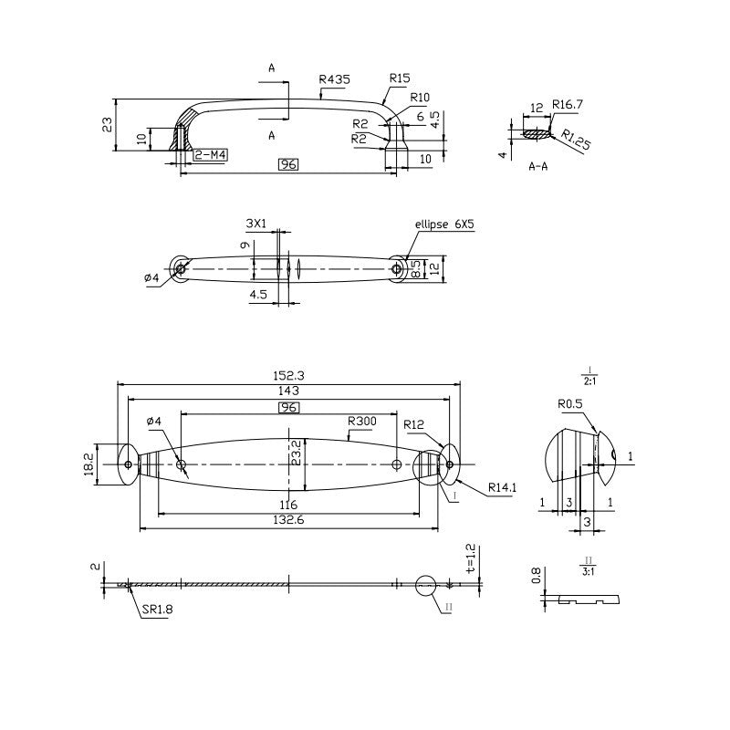 Technische Zeichnung für den zweiteiligen Antik-Möbelgriff Syringia 96 mm auf weißem Hintergrund