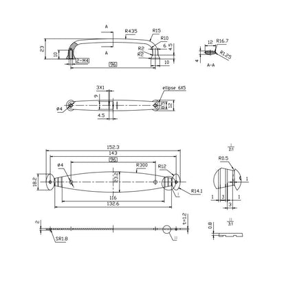 Technische Zeichnung für den zweiteiligen Antik-Möbelgriff Syringia 96 mm auf weißem Hintergrund