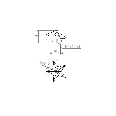 Technische Zeichnung Design-Möbelknopf Asteria auf weißem Hintergrund