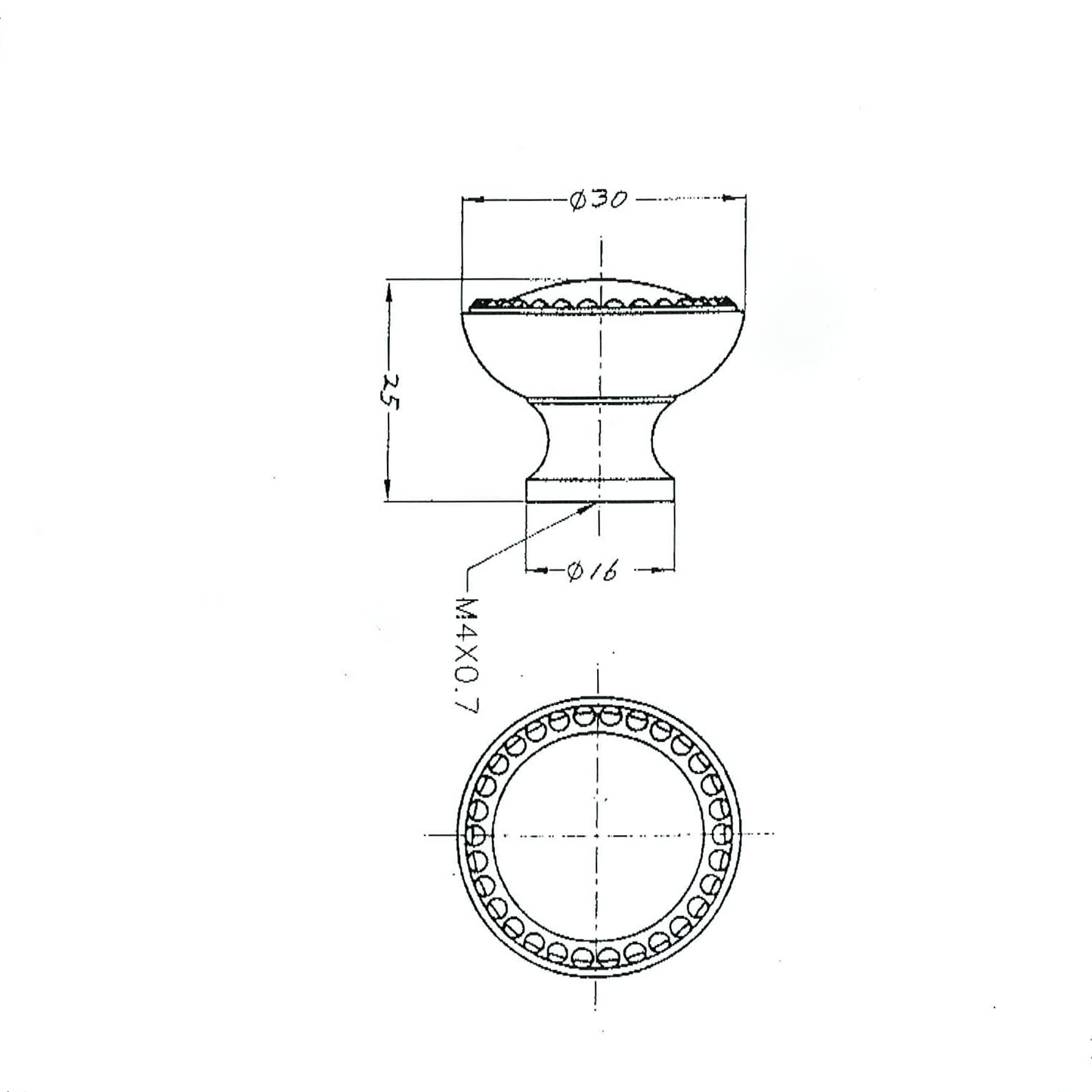 Technische Zeichnung Moebelknopf Kane 30mm auf weissem Hintergrund