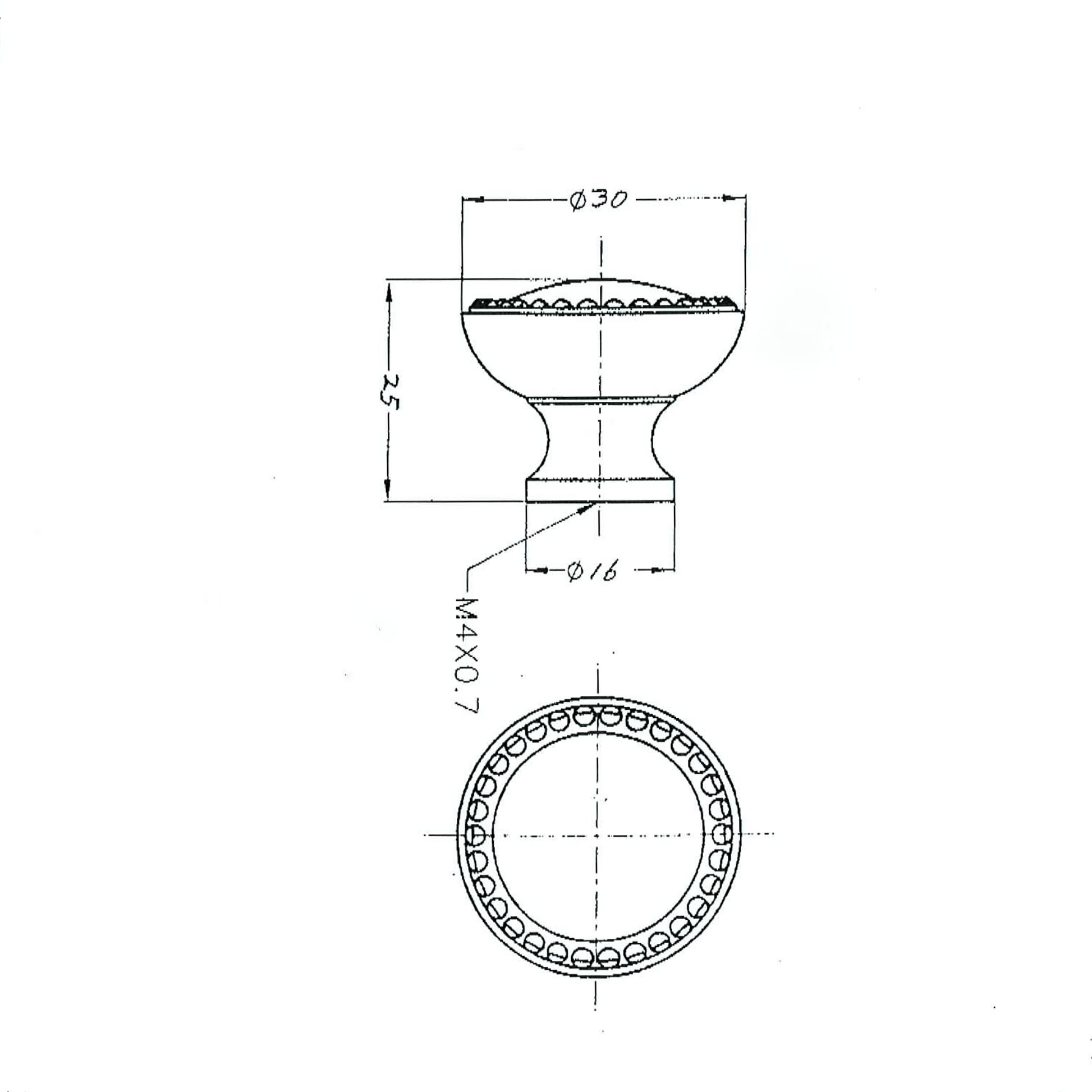 Technische Zeichnung Moebelknopf Kane 30mm auf weissem Hintergrund