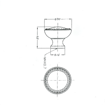 Technische Zeichnung Moebelknopf Kane 30mm auf weissem Hintergrund