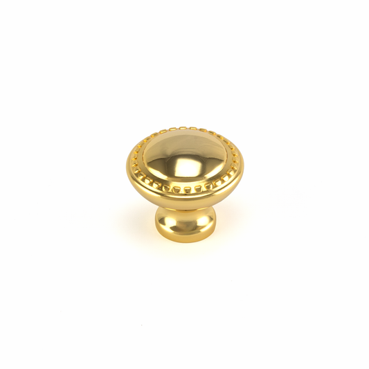 Moebelknopf Kane 35 mm Gold glaenzend galvanisiert stehend auf weissem Hintergrund