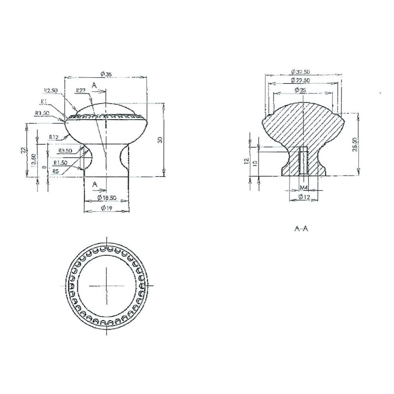 Technische Zeichnung Moebelknopf Kane 35 mm auf weissem Hintergrund