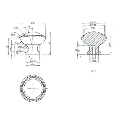 Technische Zeichnung Moebelknopf Kane 35 mm auf weissem Hintergrund