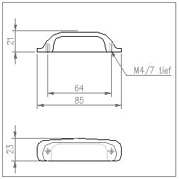 Technische Zeichnung Muschelgriff Betula 64 mm Edelstahleffekt galvanisiert auf weissem Hintergrund