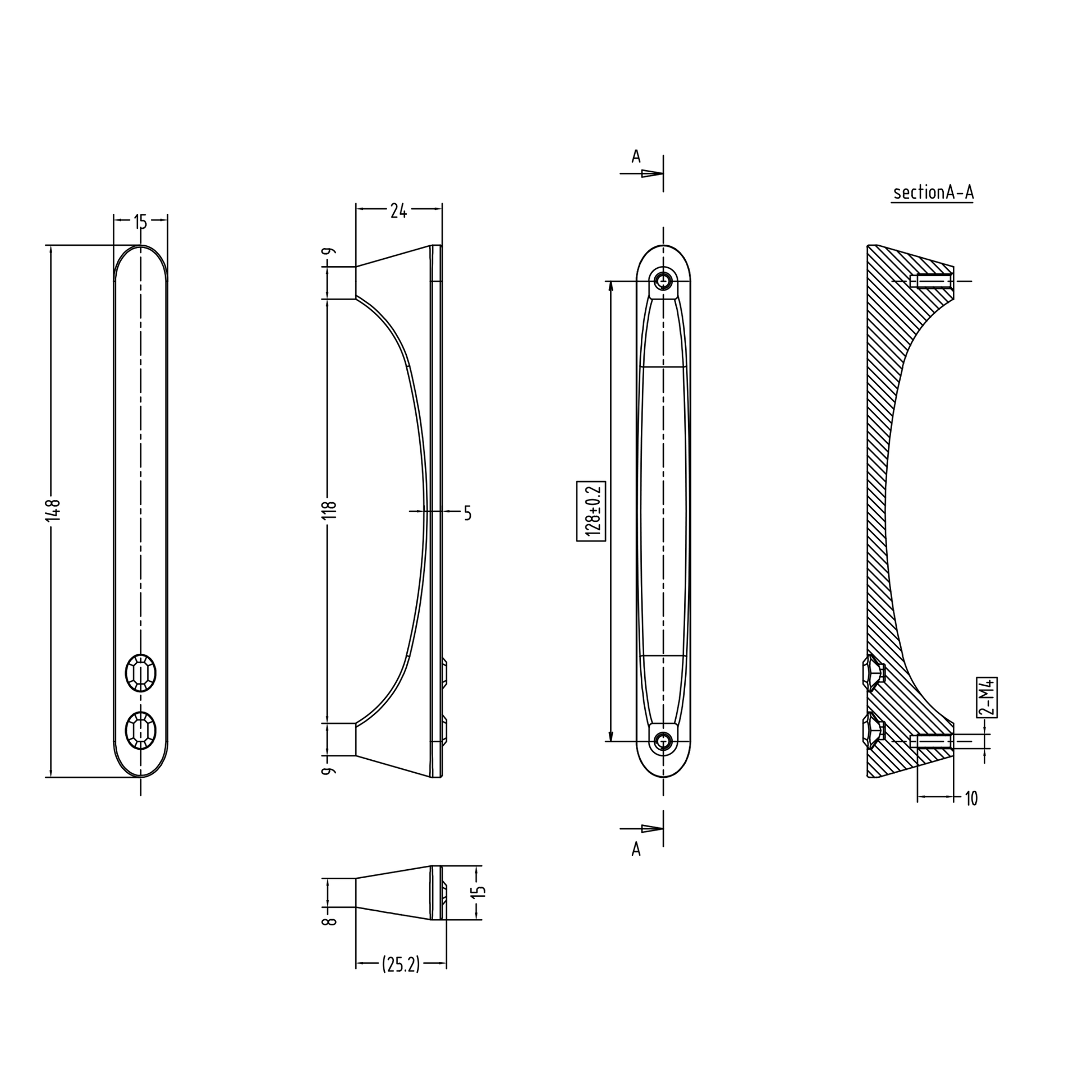 Technische Zeichnung Buegelgriff Narcizia 128 mm Lochabstand