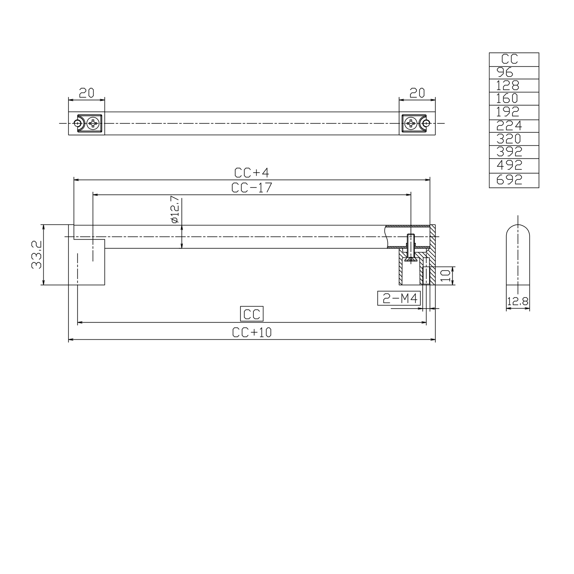 Technische Zeichnung Relinggriff Nerida mit Lochabständen 96 mm, 160 mm, 192 mm, 224 mm, 320 mm, 392 mm, 492 mm und 692 mm