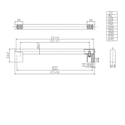 Technische Zeichnung Relinggriff Nerida mit Lochabständen 96 mm, 160 mm, 192 mm, 224 mm, 320 mm, 392 mm, 492 mm und 692 mm