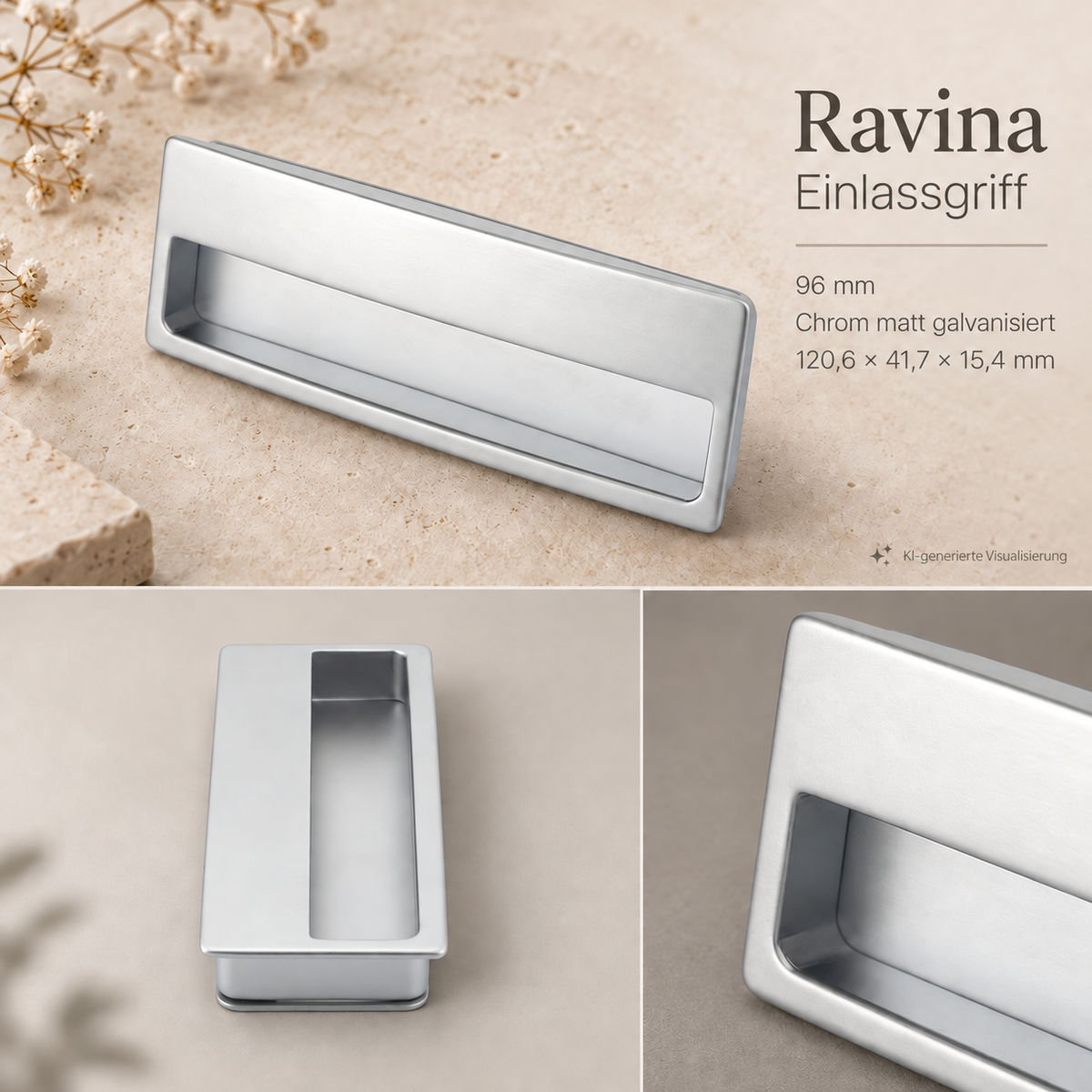Einlassgriff Ravina 96 mm in Chrom matt galvanisiert Moodbild