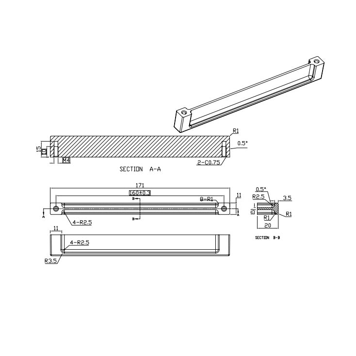 Technische Zeichnung Griffleiste Schahin 160 mm
