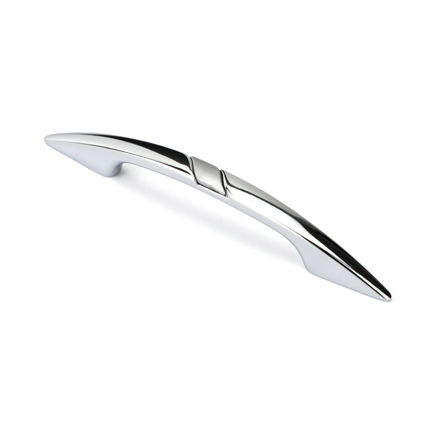 Design-Bogengriff Silena 64 mm in Chrom glänzend und Chrom matt seitlich auf weißem Hintergrund
