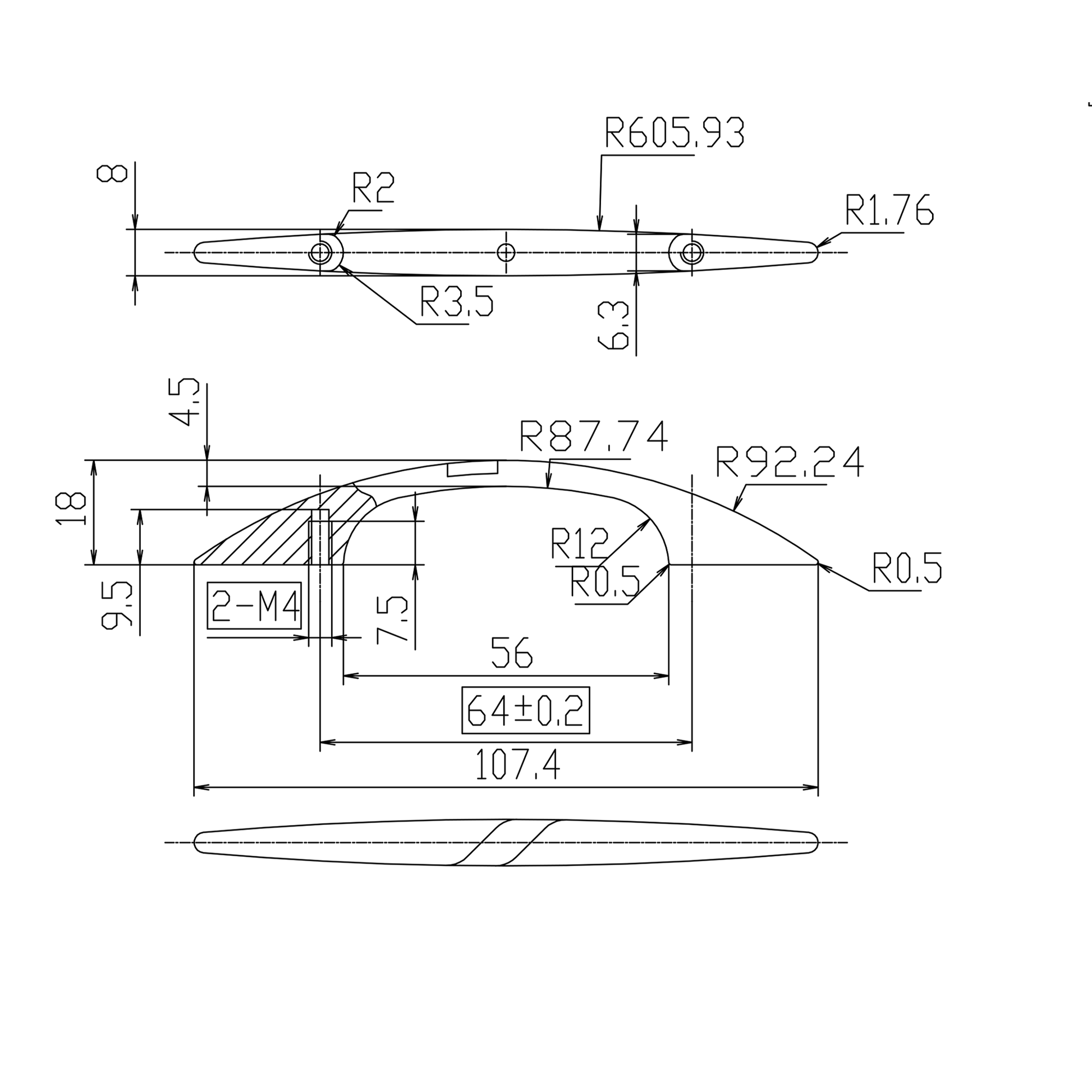 Technische Zeichnung Design-Bogengriff Silena 64 mm
