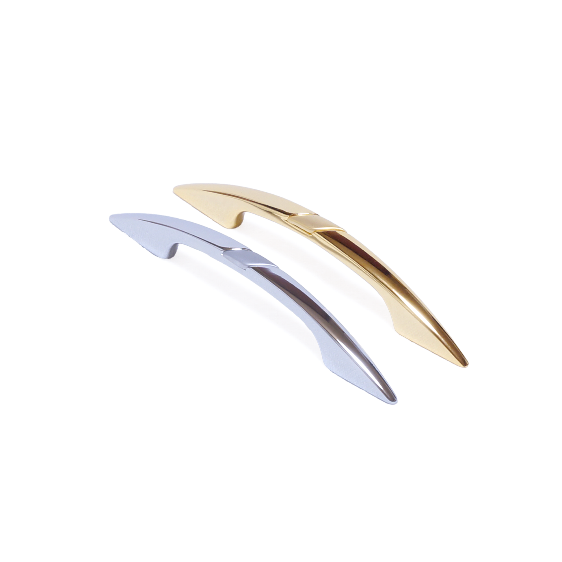 Vergleich der Oberflächen des Design-Bogengriffs Silena 64 mm in Gold glänzend mit Gold matt und Chrom glänzend mit Chrom matt auf weißem Hintergrund