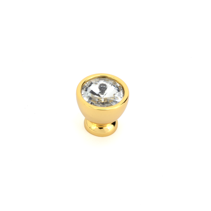 Kristall-Möbelknopf Solja in Gold glänzend mit rundem Kristall auf weißem Hintergrund
