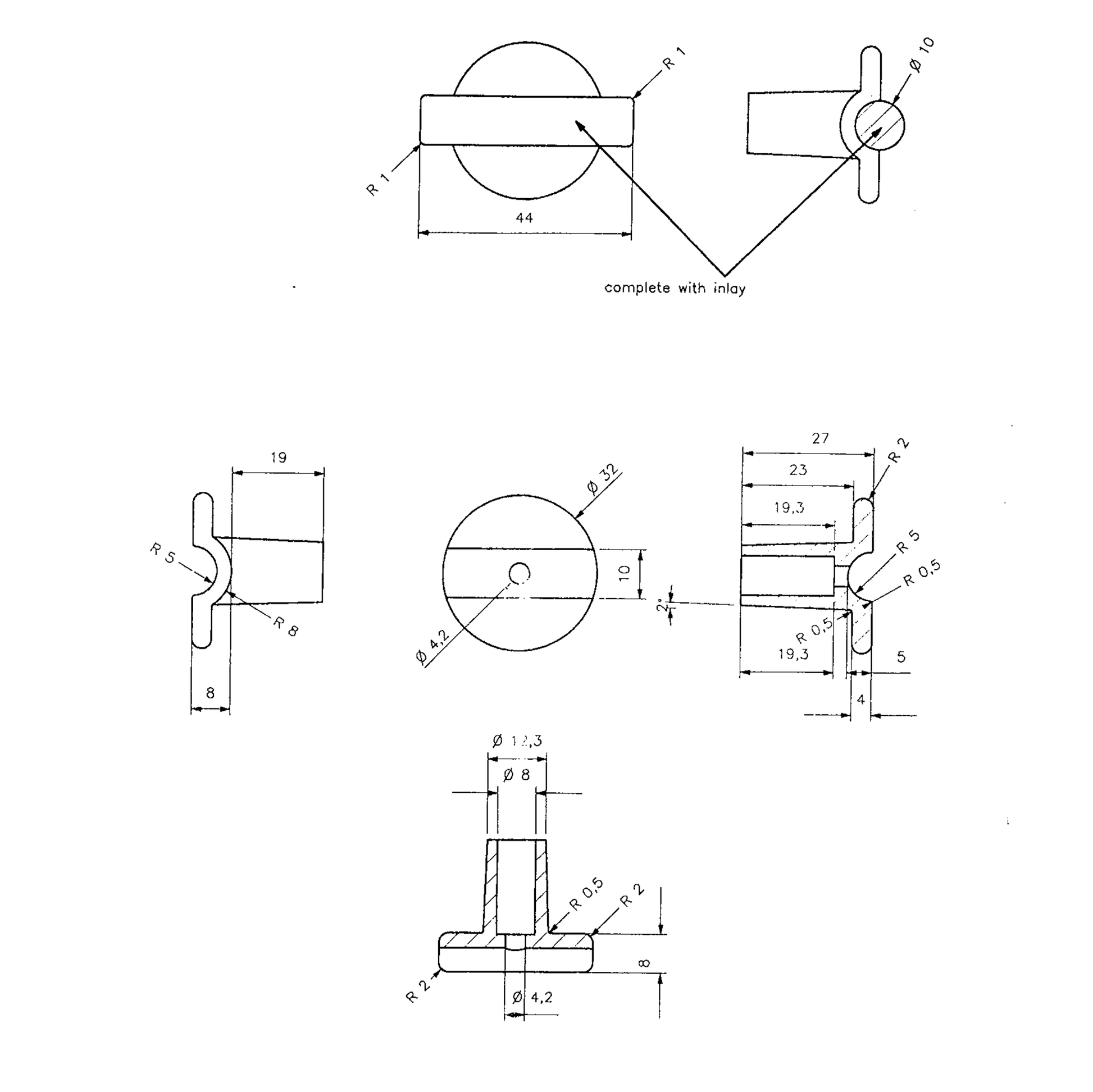 Technische Zeichnung Design-Möbelknopf Talia
