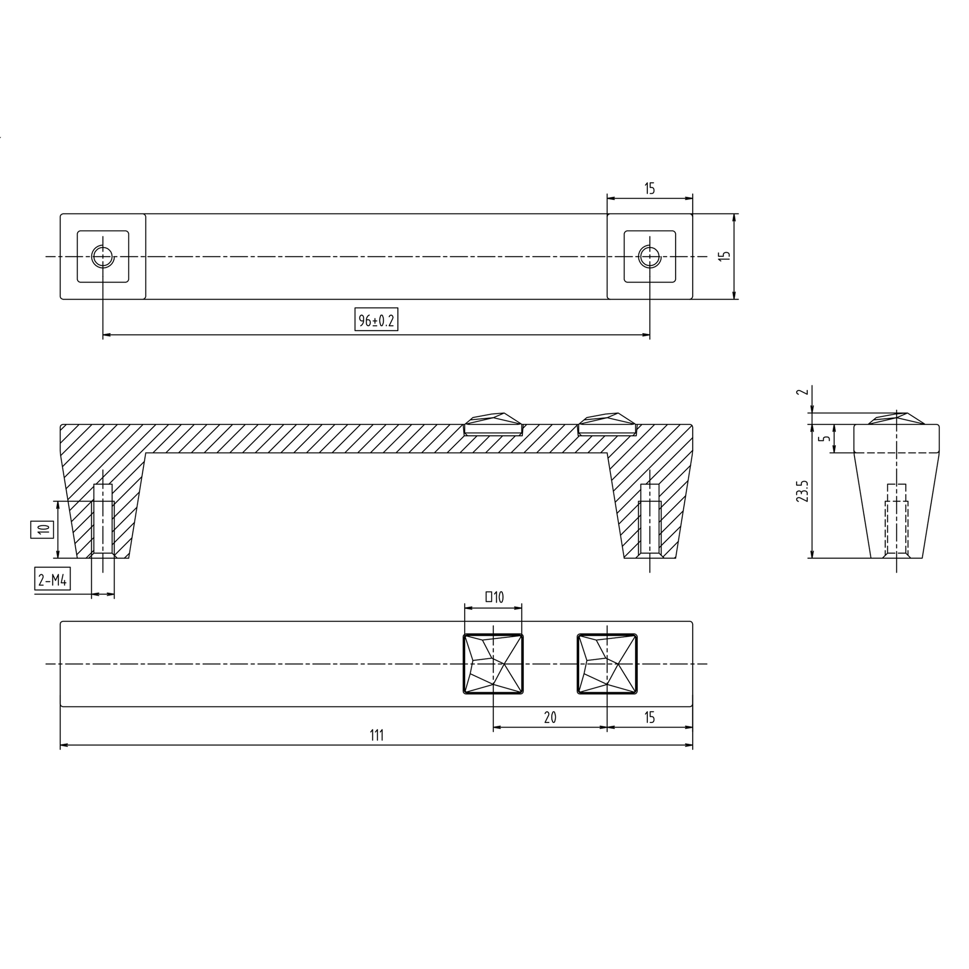 Technische Zeichnung Kristall-Bügelgriff Tuija 96 mm