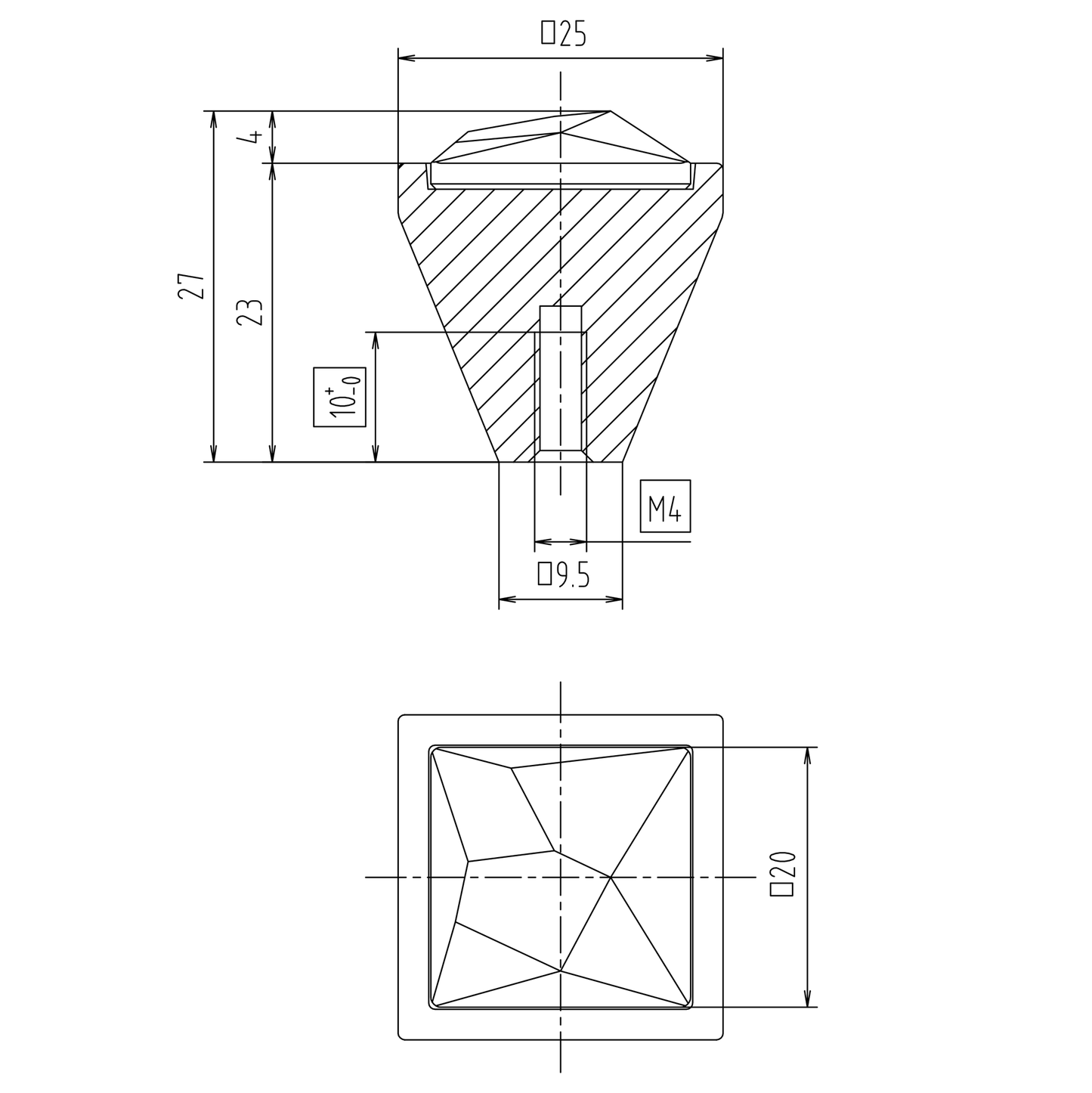 Technische Zeichnung Kristall-Möbelknopf Tuija groß 25 mm