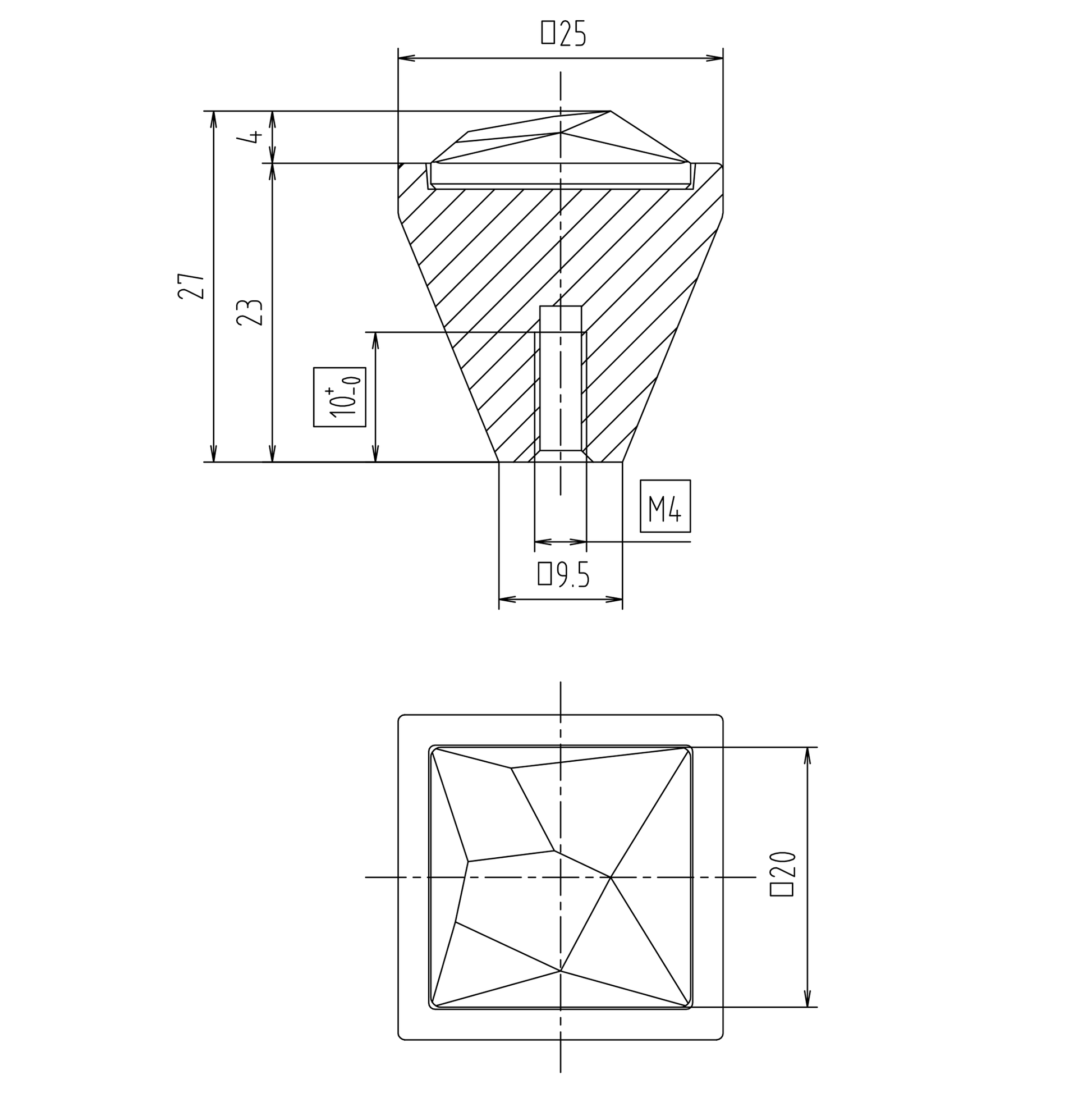 Technische Zeichnung Kristall-Möbelknopf Tuija groß 25 mm