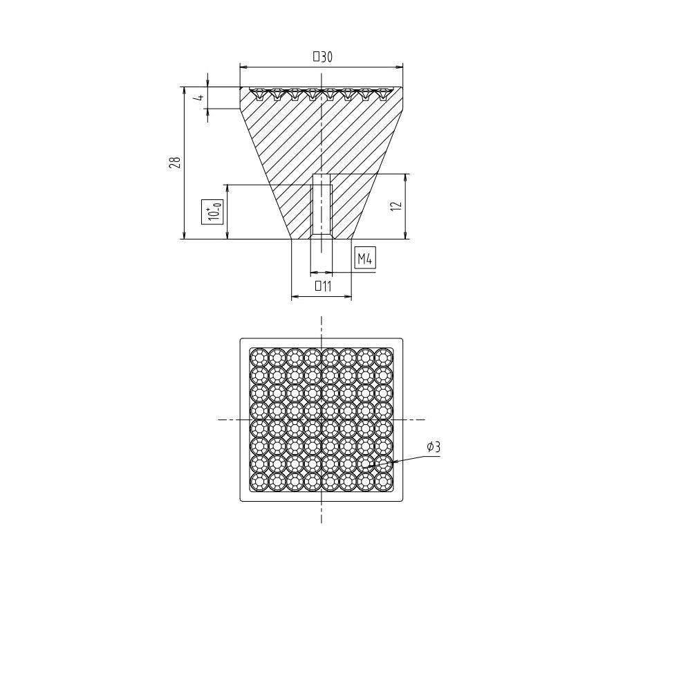 Technische Zeichnung Kristall-Möbelknopf Violaine 30 x 30 mm mit 64 Kristallen auf weißem Hintergrund