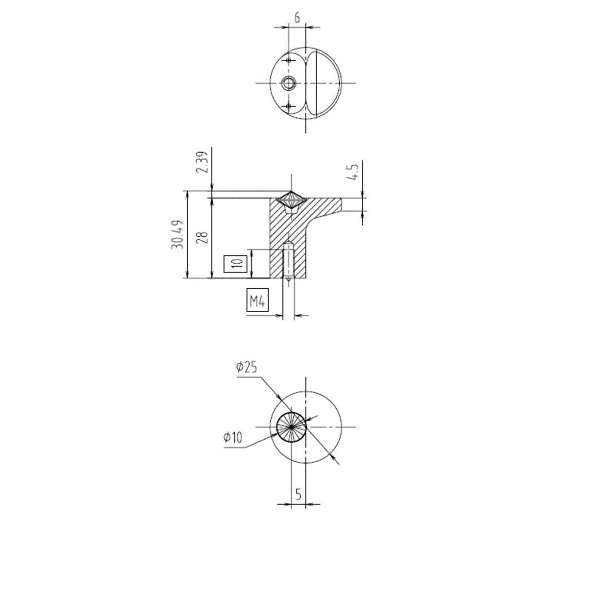 Technische Zeichnung Möbelknopf Warda Ø25 mm mit Höhe, Durchmesser und Gewinde