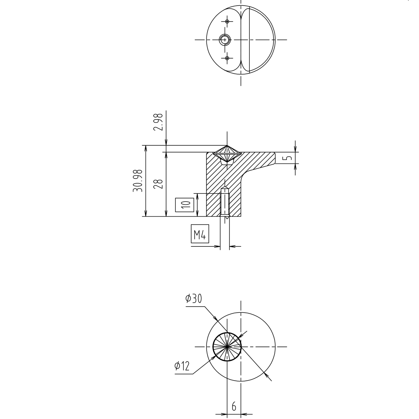 Technische Zeichnung Möbelknopf Warda Ø 30 mm (Höhe, Durchmesser, Gewinde)