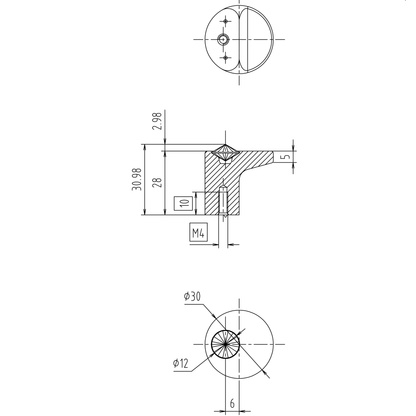 Technische Zeichnung Möbelknopf Warda Ø 30 mm (Höhe, Durchmesser, Gewinde)