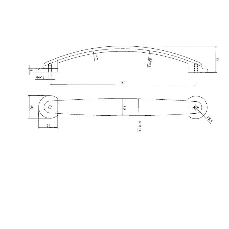 Technische Zeichnung Bogengriff Yasmeen 160 mm auf weißem Hintergrund